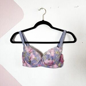 Purple Floral Embroidered Bra 32E Coquette Dainty Fairy Whimsical Rave